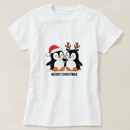 キュートなペンギンのカップル クリスマス – 祝祭の休日 Tシャツ (デザイン正面)