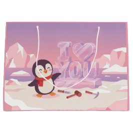 キュートなペンギンのバレンタインギフトバッグ 恋人に愛を伝える ラージペーパーバッグ