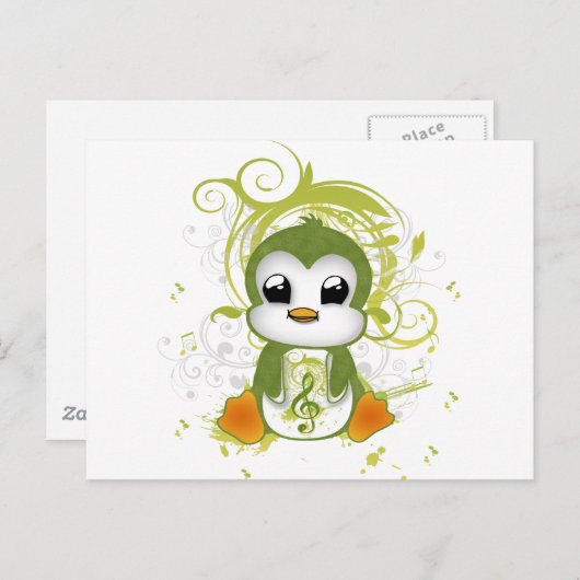 キュートなペンギンの緑のふわふわの効果音楽ノートの渦巻き ポストカード (正面/裏面)