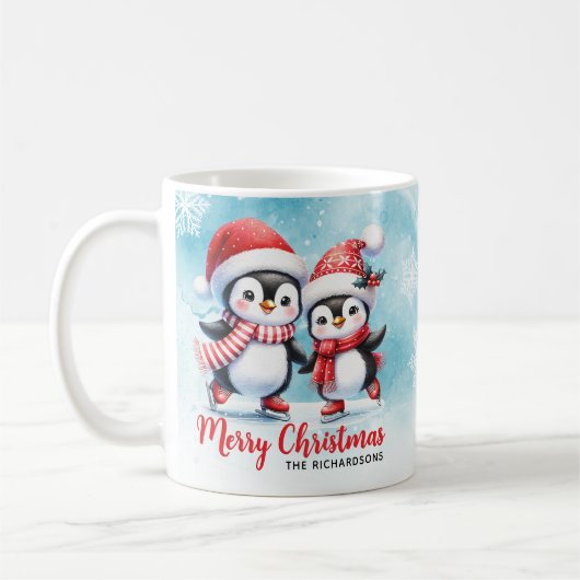 キュートなペンギンアイススケーター赤と青のクリスマス コーヒーマグカップ (左)