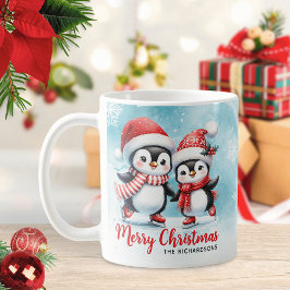 キュートなペンギンアイススケーター赤と青のクリスマス コーヒーマグカップ