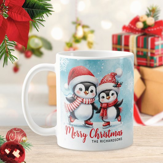 キュートなペンギンアイススケーター赤と青のクリスマス コーヒーマグカップ