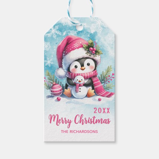 キュートなペンギンパーソナライズされたピンクのメリークリスマス ギフトタグ (正面)