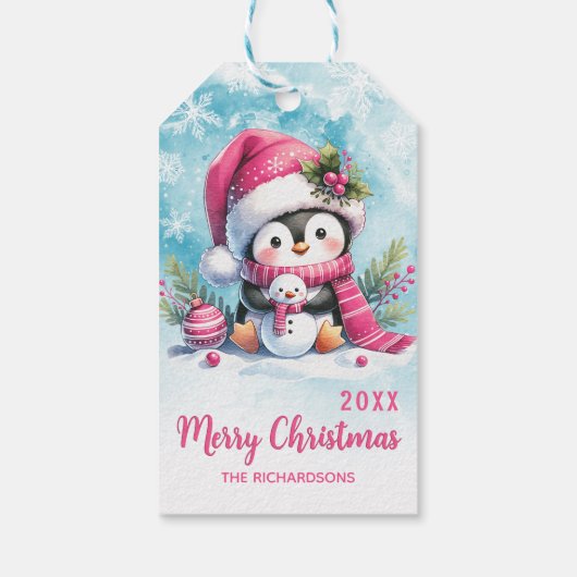 キュートなペンギンパーソナライズされたピンクのメリークリスマス ギフトタグ (裏面)