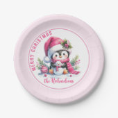 キュートなペンギンパーソナライズされたピンクメリークリスマス ペーパープレート (正面)