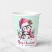 キュートなペンギンピンクとミントグリーンメリークリスマス 紙コップ (裏面)