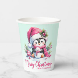 キュートなペンギンピンクとミントグリーンメリークリスマス 紙コップ