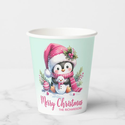 キュートなペンギンピンクとミントグリーンメリークリスマス 紙コップ (正面)