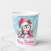 キュートなペンギンピンクと雪の青メリークリスマス 紙コップ (裏面)