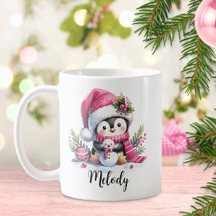 キュートなペンギンピンクのクリスマスパーソナライズされた コーヒーマグカップ
