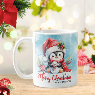 キュートなペンギンブルーと赤いメリークリスマス コーヒーマグカップ
