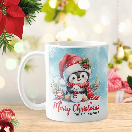 キュートなペンギンブルーと赤いメリークリスマス コーヒーマグカップ