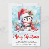 キュートなペンギンブルーと赤いメリークリスマス シーズンカード (正面)