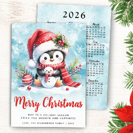キュートなペンギンブルーと赤いメリークリスマス シーズンカード