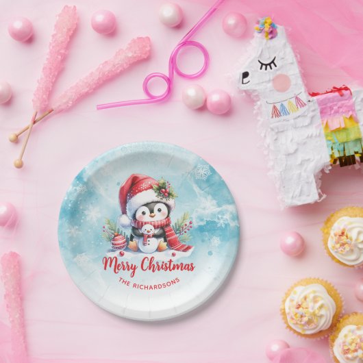 キュートなペンギン赤と青のカスタムクリスマス ペーパープレート (パーティー)
