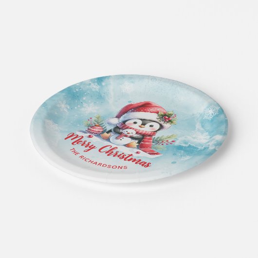 キュートなペンギン赤と青のカスタムクリスマス ペーパープレート (アングル)