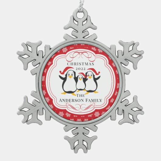 キュートなペンギン3クリスマスオーナメントの家族 スノーフレークピューターオーナメント (正面)