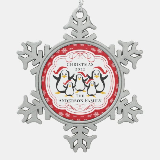 キュートなペンギン5クリスマスオーナメントの家族 スノーフレークピューターオーナメント (正面)