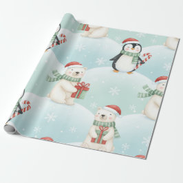 キュートなホッキョクグマとペンギンのクリスマスパターン ラッピングペーパー