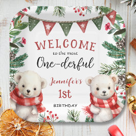 キュートなホッキョクグマのクリスマス1歳の誕生日 ペーパープレート