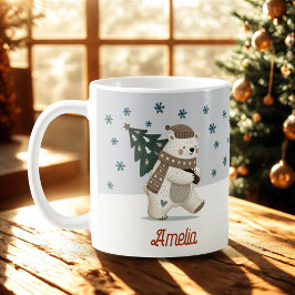 キュートなホッキョクグマの雪の結晶のイラストと名前入りクリスマス コーヒーマグカップ