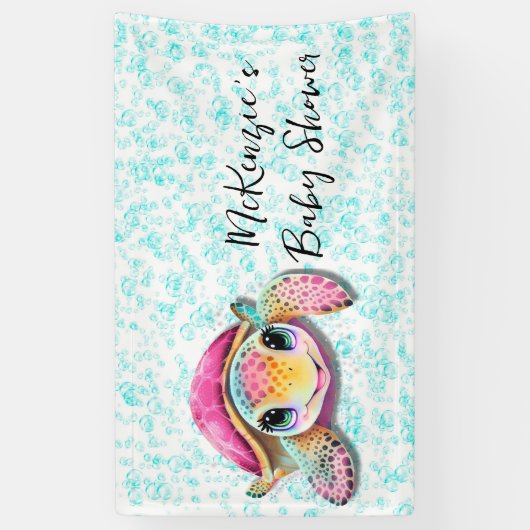 キュートなホットピンクとターコイズのカメの女の子のベビーシャワー 横断幕 (縦)