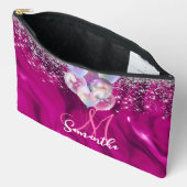 キュートなホットピンクフェイクシルバーグリッターバルーンモノグラム アクセサリーポーチ (見開き)