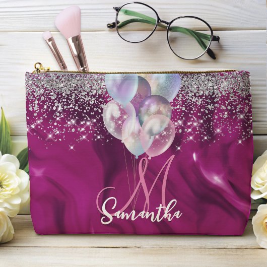 キュートなホットピンクフェイクシルバーグリッターバルーンモノグラム アクセサリーポーチ