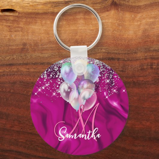 キュートなホットピンクフェイクシルバーグリッターバルーンモノグラム キーホルダー (裏面)
