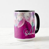 キュートなホットピンクフェイクシルバーグリッターバルーンモノグラム マグカップ (正面右)