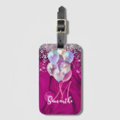 キュートなホットピンクフェイクシルバーグリッターバルーンモノグラム ラゲッジタグ (正面縦)
