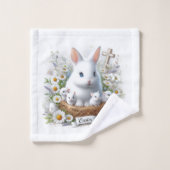 キュートなホワイトイースターバニー、デイジーとクロス バスタオルセット (ウォッシュタオル)