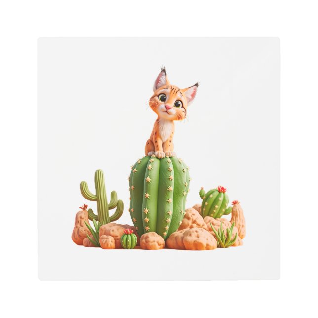 キュートなボブキャットオンサボテン メタルプリント (正面)