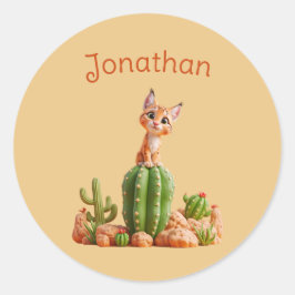 キュートなボブキャットオンサボテン ラウンドシール