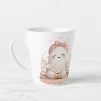 キュートなボヘミアン風ピンクのリボンを付けたスマイルゴースト コーヒーマグ カフェラテマグ