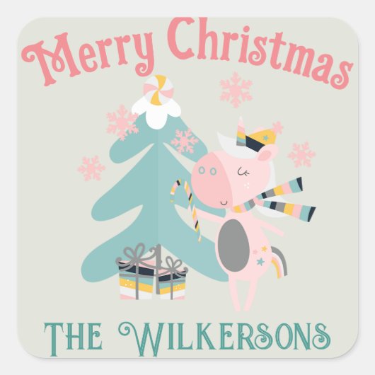 キュートなボホクリスマスユニコーンon Sage スクエアシール (正面)