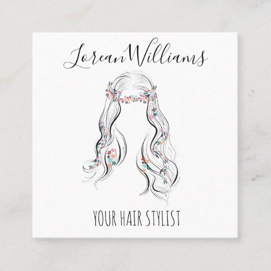 キュートなボホスタイルのヘアデザイン ウェディングヘア スタイリスト フラワー クラウン スクエア名刺 (正面)