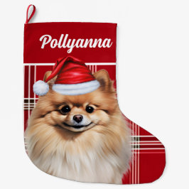 キュートなポメラニアンの犬の赤白の市松模様のカスタムデザイン ラージクリスマスストッキング
