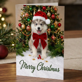 キュートなポンスキーの子犬サンタ帽子 クリスマス カード