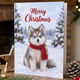 キュートなポンスキーの子犬 スノークリスマス カード