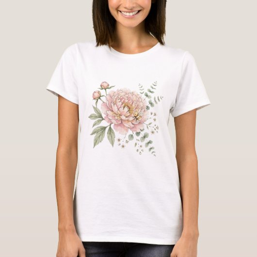 キュートなマルハナバチとピンクのボタン 水彩植物画 Tシャツ (正面)