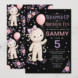 キュートなミイラの女の子 5歳の誕生日 ピンク パープル 招待状