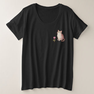 キュートなミニマリスト 猫と花のレディースプラスサイズTシャツ プラスサイズTシャツ