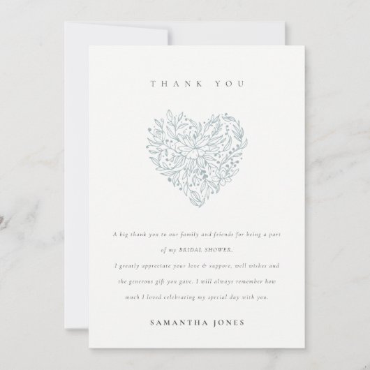 キュートなミニマルデュスキーブルーフラワーハート ブライダルシャワー サンキューカード (正面)