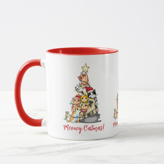 キュートなミャウクリスマスの猫のクリスマスツリー マグカップ (左)