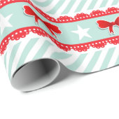 キュートなミントレッド弓スタークリスマスパタストライプのーン ラッピングペーパー (ロールコーナー)