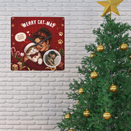 キュートなメリーキャットマスクリムゾンクリスマス クリスマスフォト スクエア壁時計