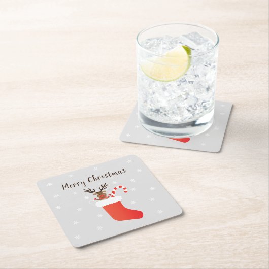 キュートなメリークリスマスのトナカイをストッキング赤 スクエアペーパーコースター (インサイチュ)
