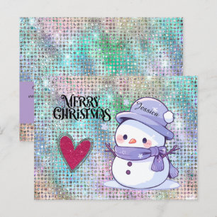 キュートなメリークリスマスパステルカラーの雪だるまグリッターハート ポストカード