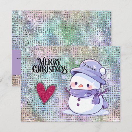 キュートなメリークリスマスパステルカラーの雪だるまグリッターハート ポストカード (正面/裏面)